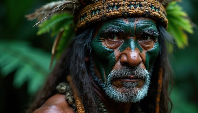 Elderly indigenous man with green face paint and feather headdress looks forward. He wears a tribal necklace in forest. Wisdom and tradition visible.