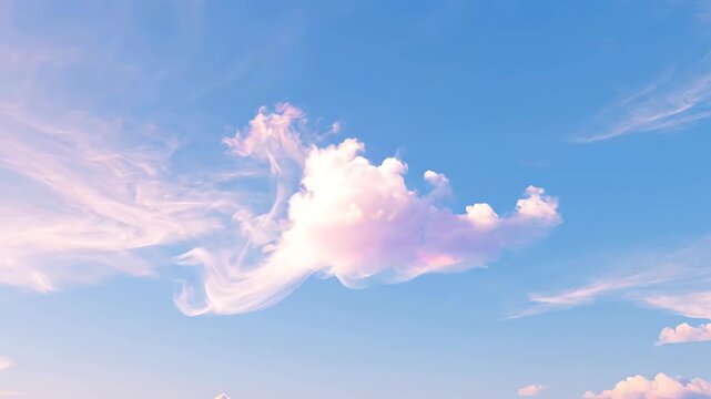 Cinematic slow motion view of ethereal wispy clouds drifting gracefully in a light blue pastel sky creating a dreamy wallpaper