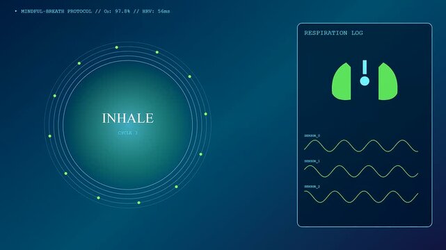 A futuristic interface designed for mental health monitoring showcases breathing exercises with glowing circular graphics expanding and contracting to guide user respiration.
