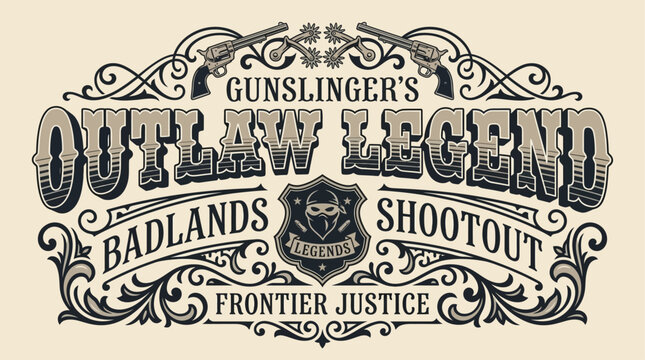 Vintage Western Style Typography Emblem with Ornate Decorative Elements and Wild West Outlaw Theme for Graphic Design Projects