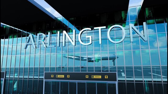 Airlane landing at Arlington, USA. Arrival in the city with reflection of airport and aircraft