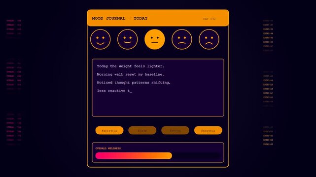 An interactive screen demonstrating digital mental health monitoring where the user selects different mood emojis and types reflective daily journal entries.
