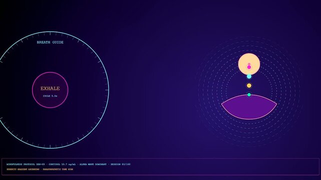 A futuristic digital interface designed for mental health monitoring displays a guided breathing exercise cycling dynamically between inhale and exhale states.
