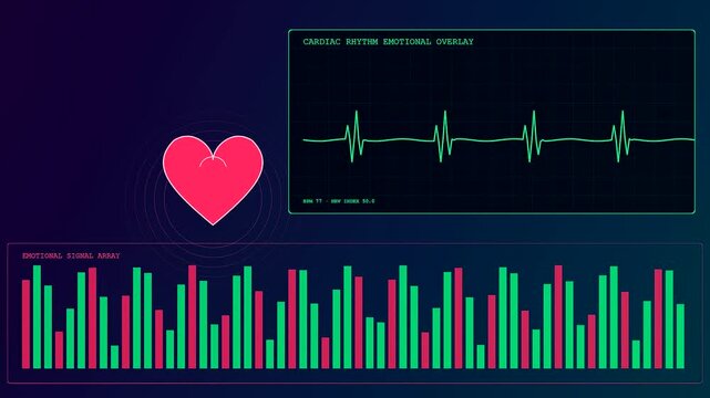 Innovative digital systems perform mental health monitoring by displaying a beating red heart icon next to fluctuating EKG waves and animated emotional bar charts.