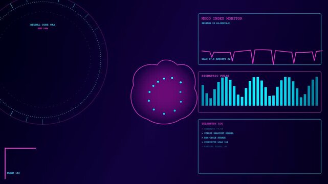 Futuristic digital dashboard screens display real time mental health monitoring data with shifting pink wave frequencies and pulsating blue biometric pulse graphics.
