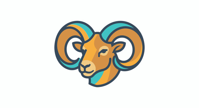Stylized ram head vector logo illustration with curved horns in orange and teal colors on a white background