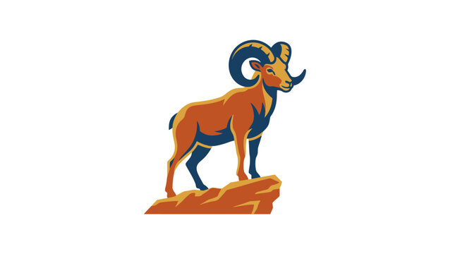 Stylized vector illustration of a majestic bighorn ram standing on a rocky peak, isolated on a white background