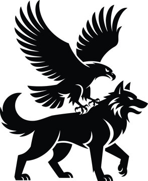 Black silhouette graphic of a wolf walking with an eagle perched on its back isolated animal