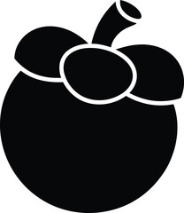 Fototapeta premium Black silhouette icon of a single mangosteen fruit with stem and leaves on white background exotic