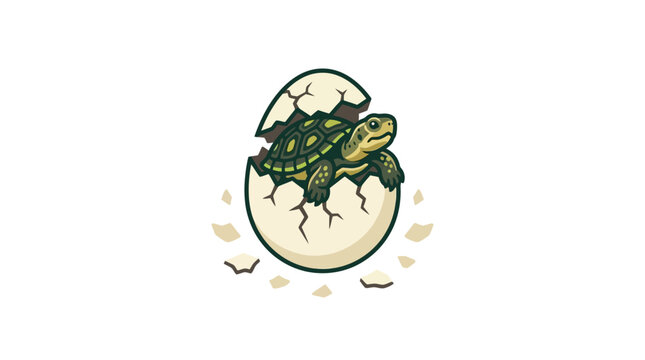 Cute little baby turtle hatching from a white egg shell, cartoon vector illustration for children