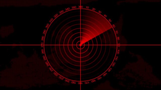 Red radar screen scanning interface, digital sonar detection animation, military surveillance technology background
