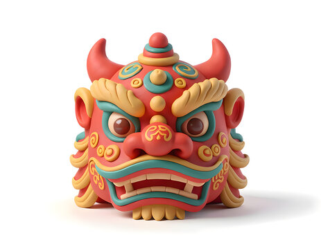 Vietnamese Trung Thu Lion Dance Dau Lan Mask 3D Clay Render Folk Art Icon Illustration