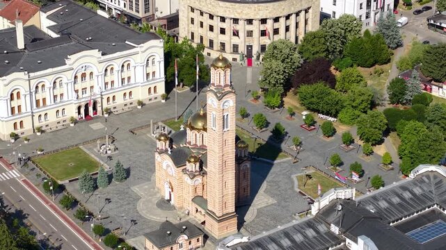Drone Shot of Orthodox Cathedral and Central Buildings in Banja Luka, Bosnia and Herzegovina