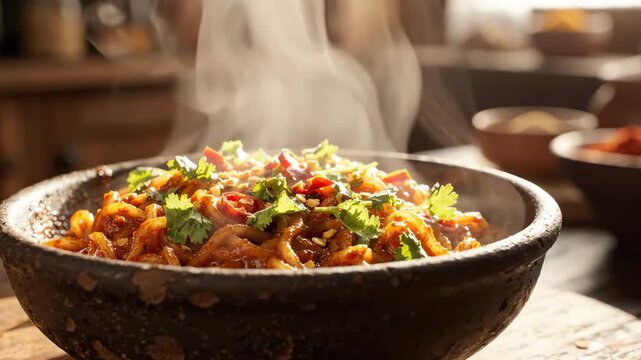 Freshly prepared spicy masala noodles in a rustic bowl with steam rising against a blurred kitchen backdrop in natural light