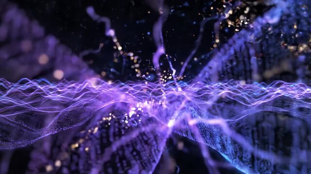 Fluid motion of dark violet and blue light waves dancing in a dark ethereal environment simulating complex mental processing and subconscious thought flow