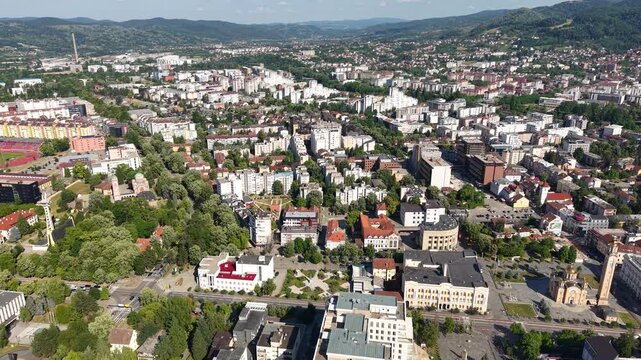 Drone Shot of Downtown Banja Luka, Capital of Republika Srpska, Bosnia and Herzegovina