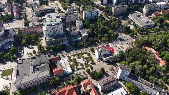 Drone Shot of Banja Luka City Center, Park of the Books and Buildings, Bosnia and Herzegovina