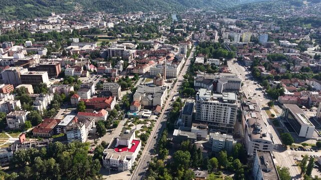 Drone Shot of Banja Luka City Center, Republika Srpska, Bosnia and Herzegovina on Hot Sunny Day