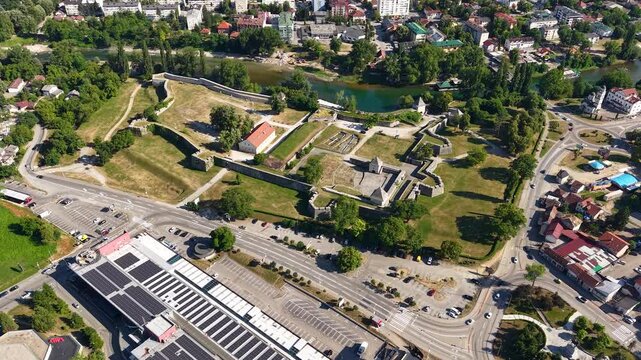 Drone Shot of Kastel Castle in Banja Luka, Bosnia and Herzegovina. Historic Landmark by Vrbas River