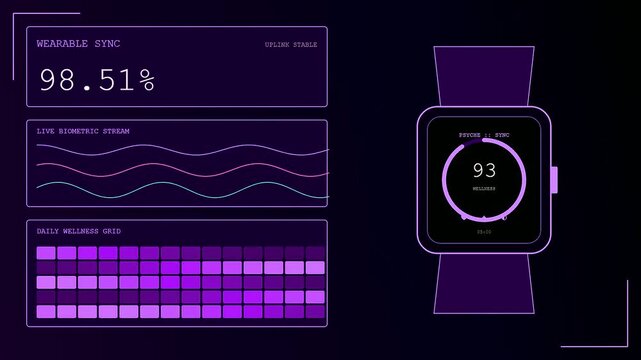 A digital dashboard displays realtime mental health monitoring data as biometric waves fluctuate and smart watch sync numbers dynamically change on screen