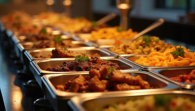 Rows of stainless steel trays hold various delicious dishes at restaurant buffet line. Catering service offers fresh gourmet meat pasta, snacks for banquet guests. People enjoy festive dinner