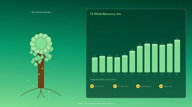 This clean digital animation showcasing mental health monitoring visualizes a growing green tree alongside a rising bar chart tracking weekly personal recovery progress.