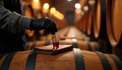 Obraz premium Winemaker pours red liquid from oak barrel into small glass. Man in black gloves samples wine aging in cellar. Notes taken in leather book on wooden cask.