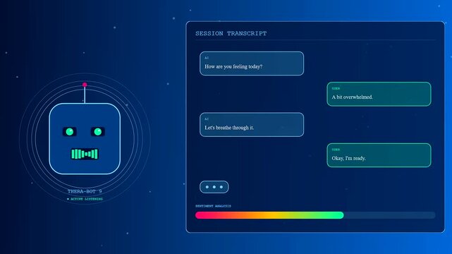 An interactive digital chatbot interface designed for mental health monitoring displays a supportive therapy session transcript with animated text bubbles and sentiment analysis tracking.