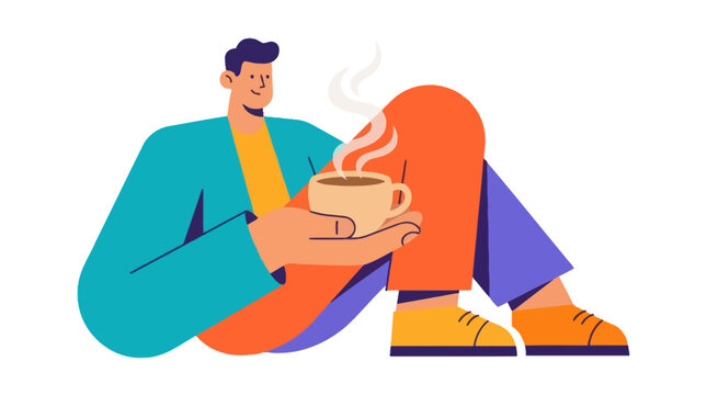 Flat vector illustration of a man sitting and holding a hot cup of coffee. EPS Editable. Vector Illustrations.