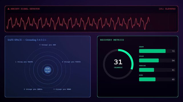 A futuristic screen display features digital mental health monitoring software with real time biometric tracking charts and a sensory grounding guide to relieve anxiety