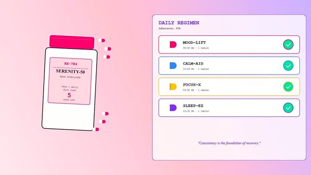 An animated sequence of mental health monitoring showing a digital medical adherence tracker updating as the count of remaining pills in a bottle decreases.