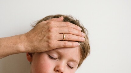 Fototapeta premium Parent checking childs forehead for fever with caring hand