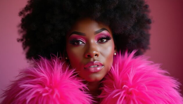 African American drag queen model with afro hairstyle wears vibrant pink feather cape. Person dramatic makeup eye shadow, glossy lips. Female performer poses for fashion portrait with artistic glam