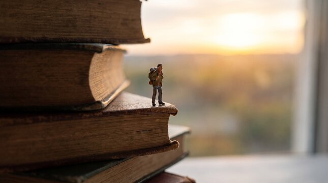 A tiny figure stands on a stack of old books, gazing at the sunset outside the window, symbolizing the vastness of knowledge and the journey of learning