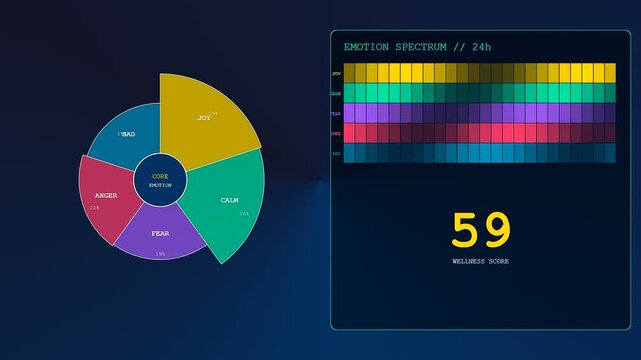 A modern interface showcasing mental health monitoring data as a wellness score decreases alongside changing emotional spectrum metrics over a full day cycle.