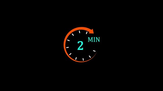 Minimalist 2 Minutes Timer Clock Icon Animation with Orange Circular Arrow and Cyan Text Pop up Motion Loop on Plain Isolated Black Background for Countdown Presentation.