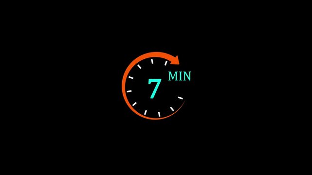 Orange Circular Arrow Clock Dial Revealing 7 Min Text Indicating Seven Minutes Countdown Timer and Time Management Concept Isolated on Black Background.