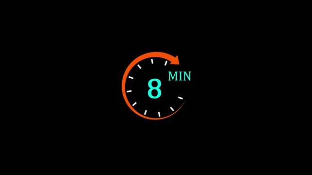 8 Minutes Timer Clock Icon Animation with Orange Circular Arrow and Cyan Text Pop up Motion Loop on Plain Isolated Black Background for Countdown Presentation.