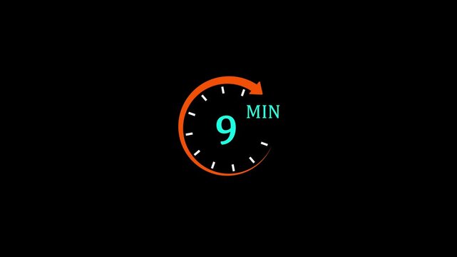 9 minutes timer icon animation stopwatch countdown clock orange arrow text timing deadline schedule speed workout loop motion graphic isolated on black background.