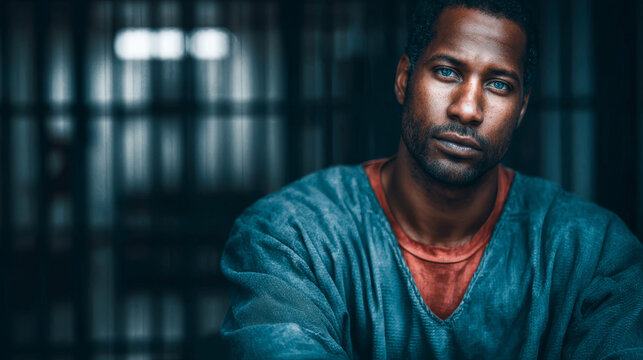 Man with striking blue eyes looking intensely into the camera in a dimly lit setting