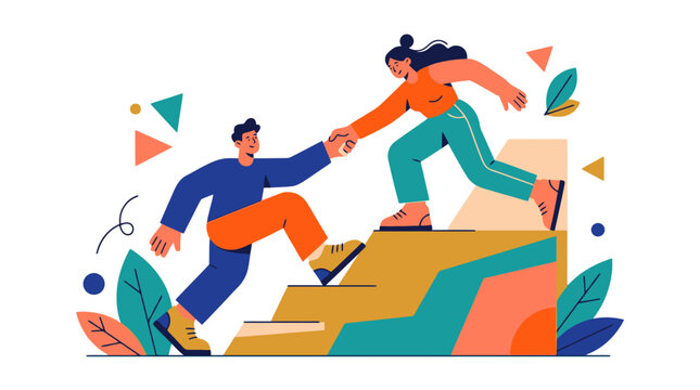 Flat vector illustration of a woman helping a man climb up stairs representing teamwork and support. EPS Editable. Vector Illustrations.