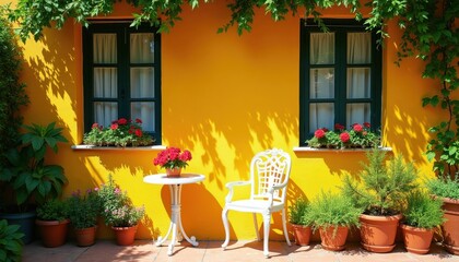Obraz premium Bright yellow wall with two dark windows. White ornate chair and table sit near potted plants. Red flowers bloom on windowsill, creating sunny garden scene.