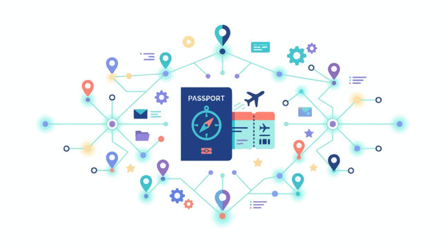Global travel planning concept vector illustration with passport boarding pass and location pin network map. EPS Editable. Vector Illustrations.