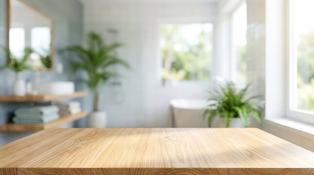 Empty wooden table top in blurred modern spa bathroom background for product display mockup and web banner presentation