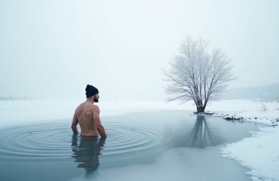 Bearded man in black hat swims in freezing lake during winter season. Male athlete practices ice bath therapy in icy pond surrounded by snow. Person enjoys extreme water sport challenge near frosted