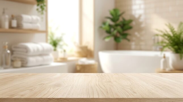 Empty wood table top for product display with blurred bathroom interior background for wellness and hygiene concepts.