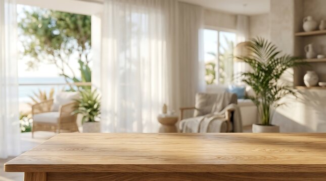 Wooden Table Mockup in Bright Coastal Living Room Interior with Tropical Plants and Ocean View for Product Placement.