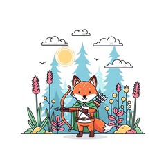 Fototapeta premium Cute Fox Archer in Forest Illustration.