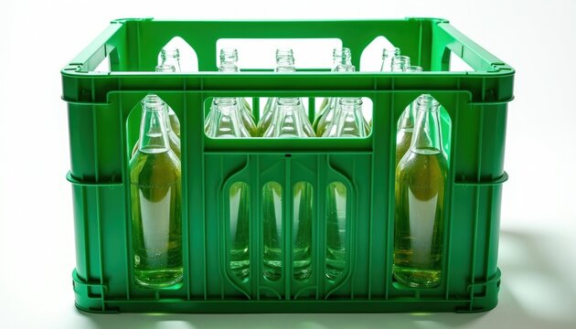 Green plastic crate holds multiple empty glass bottles. Bottles sit in organized slots of the container for recycling or beverage transport. Container is clean and empty.