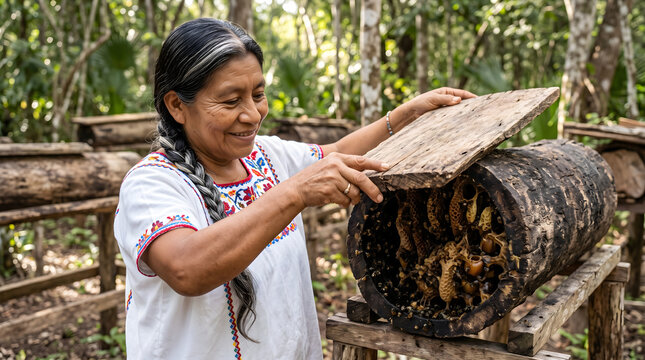 Indigenous woman tending to traditional log beehive in forest
